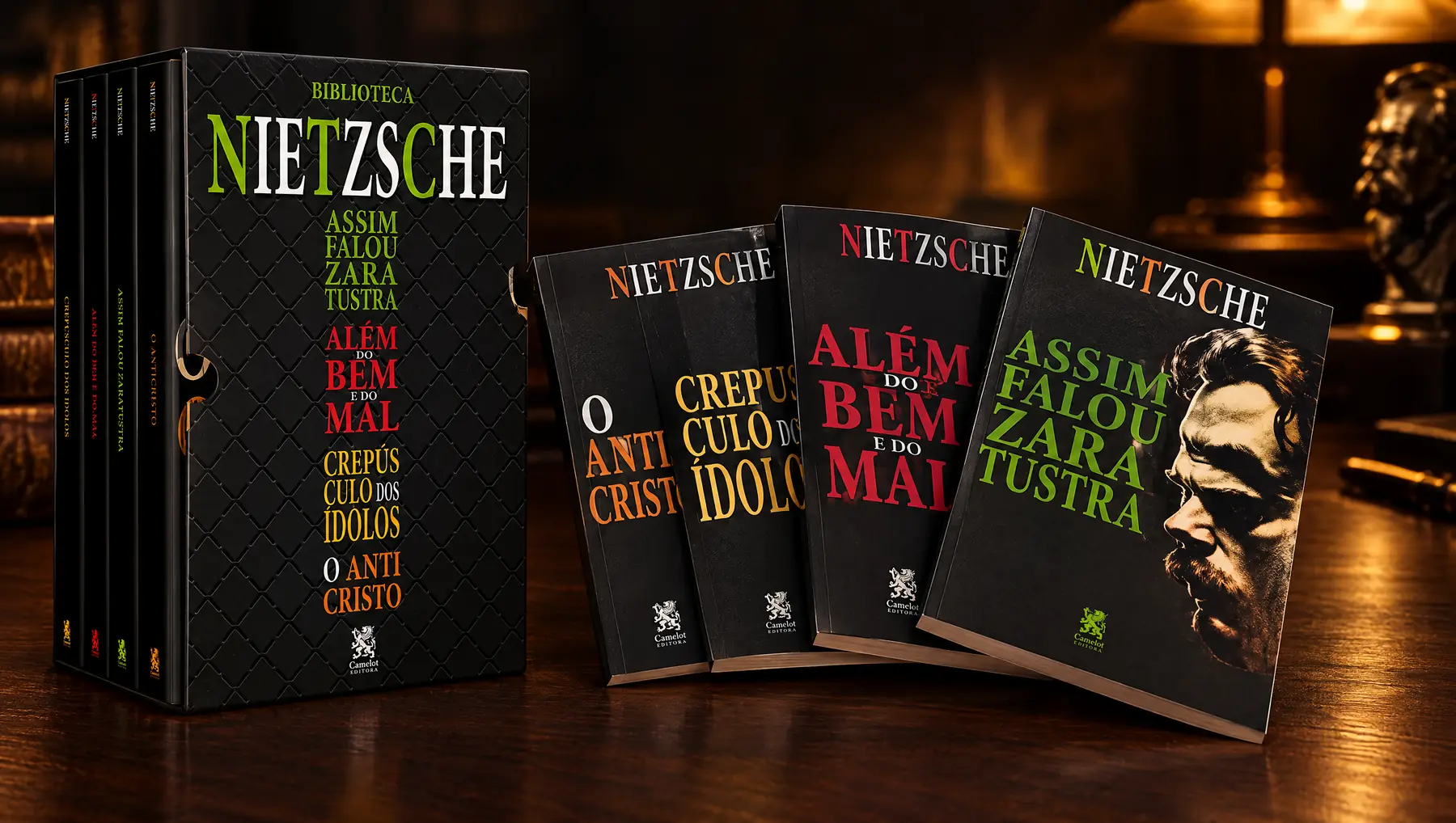 Box e os quatro livros em leque